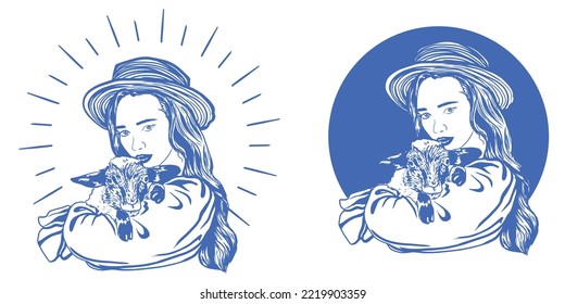 Shepherdess with cute little lamb vector illustration logotype