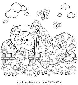 Shepherdess and sheep at the farm. Vector black and white coloring page.