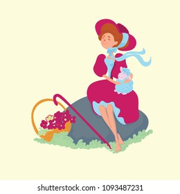 Shepherdess and sheep. Vector cartoon characters. Illustration isolated on background. Cute vectore illustration for kids, print, poster, textile,fabric