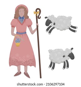 Shepherdess and sheep. Vector characters on an isolated background. Female farmer character.
