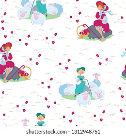 Shepherdess and sheep vector pattern. Vector cartoon characters. Illustration isolated on background. Cute vector illustration for kids, wrapping paper, textile,fabric