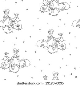 Shepherdess and sheep vector pattern. Vector cartoon characters. Illustration isolated on background. Cute vector illustration for kids, wrapping paper, textile,fabric