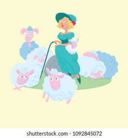 Shepherdess and sheeps. Vector cartoon characters. Illustration isolated on background. Cute illustration for kids, fabric, textile