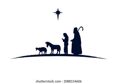 Shepherds and animals black silhouette nativity scene. Merry Christmas christian greeting card. Star of Bethlehem, herdsmans, donkey and sheep vector illustration