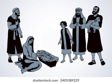The shepherds came to bow to the newborn baby Jesus. Vector drawing
