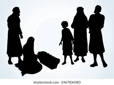 The shepherds came to bow to the newborn baby Jesus. Vector drawing