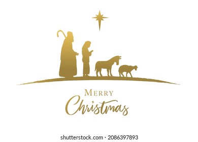 Shepherds donkey and sheep golden silhouette, nativity scene. Merry Christmas elegant calligraphy lettering. Christian lettering and gold star of Bethlehem, vector greeting card