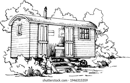 shepherds hut sketch glamping monochromatic hand drawn illustration on white background with a tiny chimney  and trees 