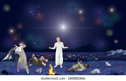 Shepherds keeping watch over their flock.  An angel of the Lord stop before them, and the glory of the Lord shone around them. 