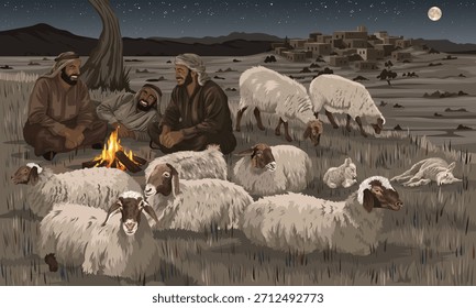 Hirten, die nachts über ihre Herde wachen, mit Bethlehem in der Ferne.