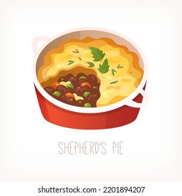 Shepherd's pie. Baked casserole clipart. Popular traditional english dinner dish with mashed potatoes. Classic british food. Isolated vector image for cafe menu and flyers.