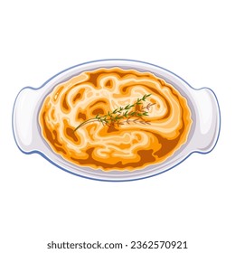 Shepherds Pie, top view vector illustration. Cartoon isolated ceramic tray with hot Cottage pie, traditional British baked gratin for dinner with mashed potatoes and beef meat, green peas and cheese