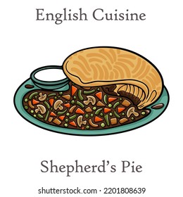 Shepherd's pie, traditional British dish with minced meat, vegetables and mashed potatoes.