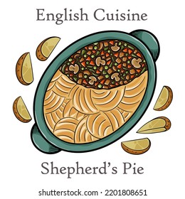 Shepherd's pie, traditional British dish with minced meat, vegetables and mashed potatoes.