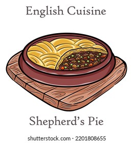 Shepherd's pie, traditional British dish with minced meat, vegetables and mashed potatoes.