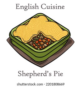 Shepherd's pie, traditional British dish with minced meat, vegetables and mashed potatoes.