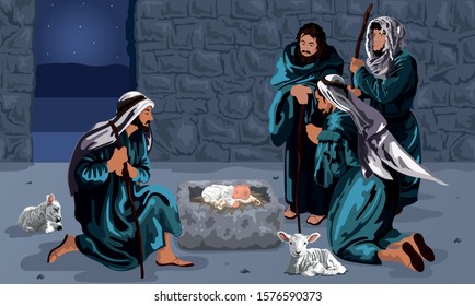 Shepherds See Baby Jesus Lying in a Manger 