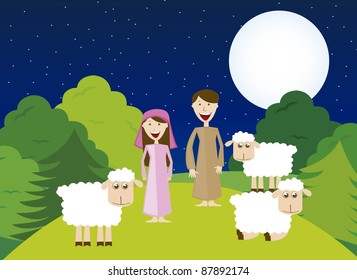 Shepherds with sheeps over night landscape. vector