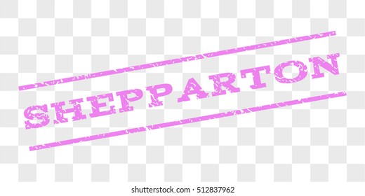 Shepparton watermark stamp. Text caption between parallel lines with grunge design style. Rubber seal stamp with scratched texture. Vector violet color ink imprint on a chess transparent background.
