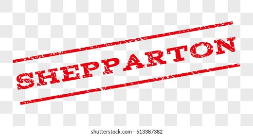Shepparton watermark stamp. Text caption between parallel lines with grunge design style. Rubber seal stamp with unclean texture. Vector red color ink imprint on a chess transparent background.
