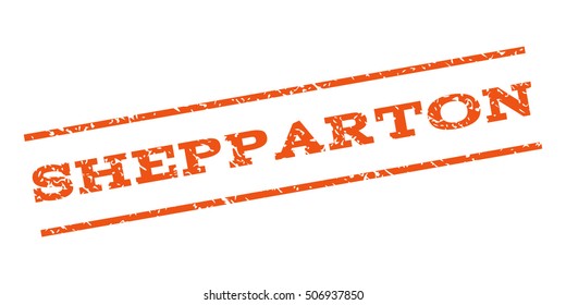 Shepparton watermark stamp. Text tag between parallel lines with grunge design style. Rubber seal stamp with dust texture. Vector orange color ink imprint on a white background.