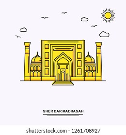 SHER DAR MADRASAH Monument Poster Template. World Travel Yellow illustration Background in Line Style with beauture nature Scene