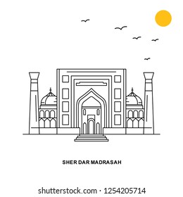 SHER DAR MADRASAH Monument. World Travel Natural illustration Background in Line Style