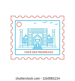 SHER DAR MADRASAH postage stamp Blue and red Line Style, vector illustration