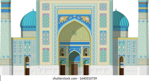 Sher Dor Madrasah, Registan (Samarkand, Uzbekistan). Isolated on white background vector illustration.