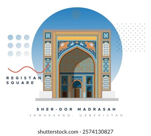 Sher-Dor Madrasah - Registan Square - Samarkand - Stock Illustration as EPS 10 File