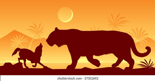 Shere Khan - The Royal Bengal Tiger and Tabaqui - A Golden Jackal.  Moonlight night in India. Palm trees against mountains.