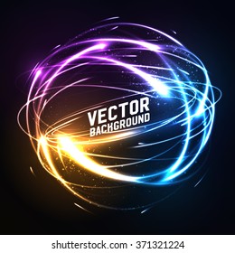 Shere of meteor-like shining neon lights in impact. Futuristic technology style. Vector illustration for presentations, party flyers, banners or other design