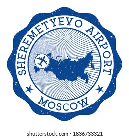 Sheremetyevo Airport Moscow stamp. Airport of Moscow round logo with location on Russia map marked by airplane. Vector illustration.