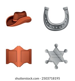 Sheriff attribute icons set cartoon vector. Wild west. American old west