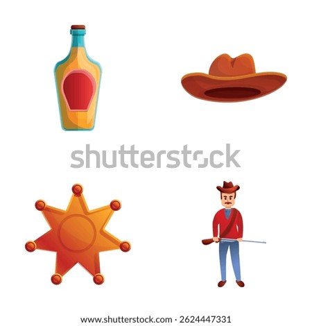 Sheriff attribute icons set cartoon vector. Wild west. American old west