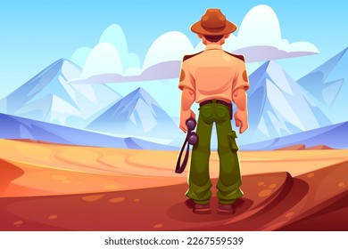 Sheriff back in western desert cartoon background. Mountain wilderness landscape and dune view on sunny day vector illustration. Drought sand valley horizon to explore. Beautiful wildwest panorama.