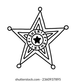 Sheriff badge doodle in the star shape with hand drawn outline. Cute emblem of western police, sign of law, security and justice. Wild West and cowboy symbol with shields isolated on background