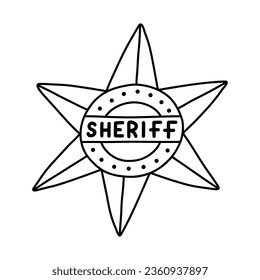 Doodle de placa del sheriff en forma de estrella con contorno dibujado a mano. Escucho emblema de la policía occidental, signo de la ley, seguridad, justicia. Silvestre Oeste y símbolo de vaquero con elementos dorados aislados en el fondo.