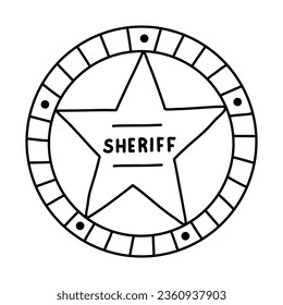 Sheriff badge doodle in the star shape with hand drawn outline. Cute emblem of western police, sign of law, security and justice. Wild West and cowboy symbol with shields isolated on background