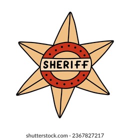 Sheriff badge doodle in the star shape with hand drawn outline. Cute emblem of western police, sign of law, security, justice. Wild West and cowboy symbol with golden elements isolated on background.