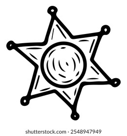 Sheriff badge hand drawn doodle. Metallic star of police chief. Retro symbol of law enforcement. Sign of authority. Wild west. Western. Vector line art illustration.