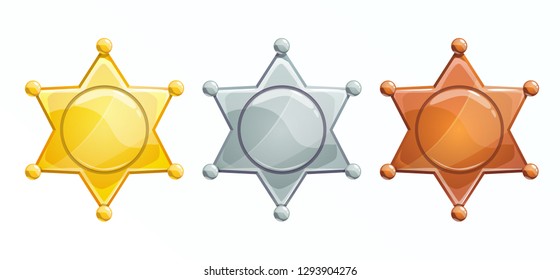 Sheriff badge icon. Golden, silver, bronze hexagonal star. Isolated vector on white background.