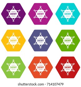 Sheriff badge icon set many color hexahedron isolated on white vector illustration