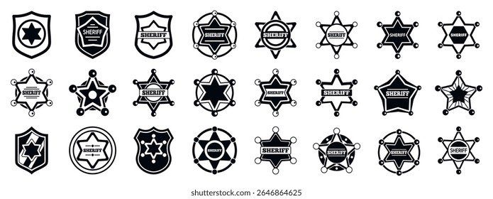  Ícones do emblema do xerife definidos. Conjunto de ícones negros e brancos da estrela do xerife representando a aplicação da lei, autoridade e justiça