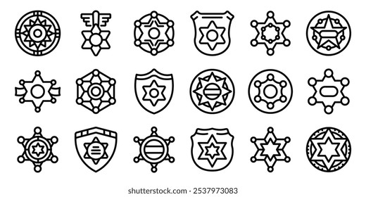 Sheriff badge icons set. Collection of sheriff star icons representing law enforcement, authority, and justice