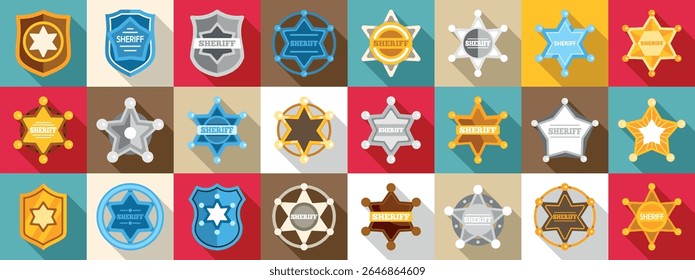  Ícones do emblema do xerife definidos. Distintivos coloridos de estrela xerife, representando a aplicação da lei e a autoridade, exibidos em vários designs