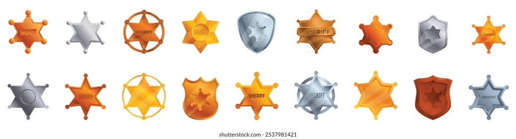 Sheriff badge icons set. Set of sheriff star badges in different shapes and metallic colors, representing law enforcement and authority