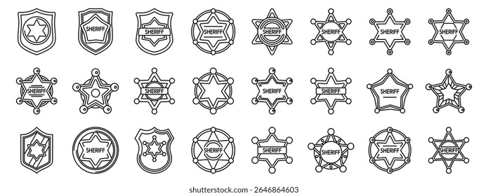  Ícones do emblema do xerife definidos. Conjunto de ícones de estrela xerife representando autoridade, aplicação da lei e o oeste selvagem, adequado para projetos de segurança, legais ou temáticos ocidentais