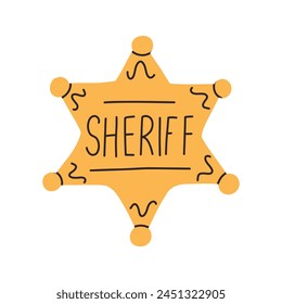 Sheriff badge isolated on white background. Vector illustration of a wild west police star. Hand drawn style.