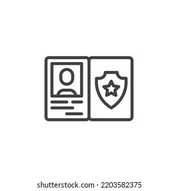 Sheriff badge line icon. Officer ID document linear style sign for mobile concept and web design. Police identity card outline vector icon. Symbol, logo illustration. Vector graphics